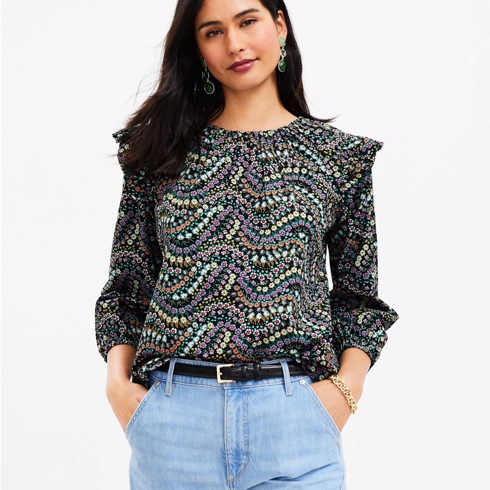 LOFT Black Multicolor Floral Blouse - Size XS Petite